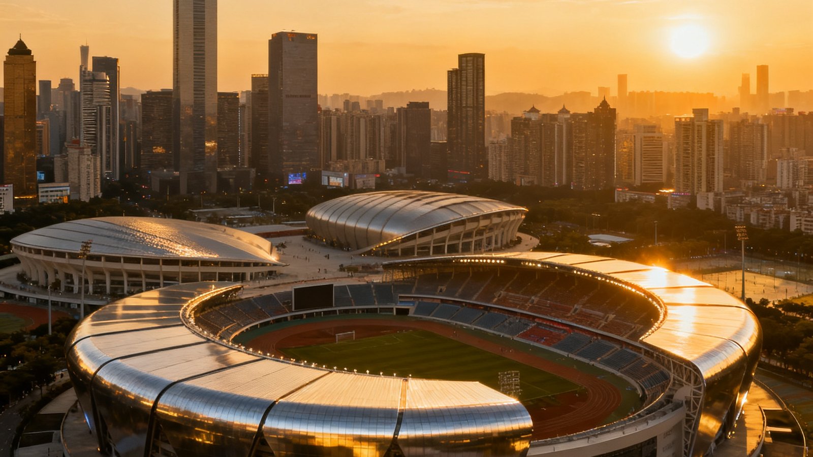 广州天河体育中心全景，现代化改造后的综合体育场馆群在夕阳下熠熠生辉